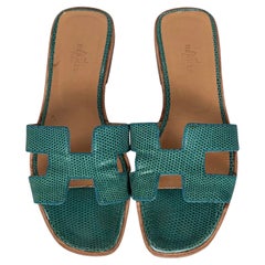 Hermès Oran Green Lizard Leather Sandals - Size 37