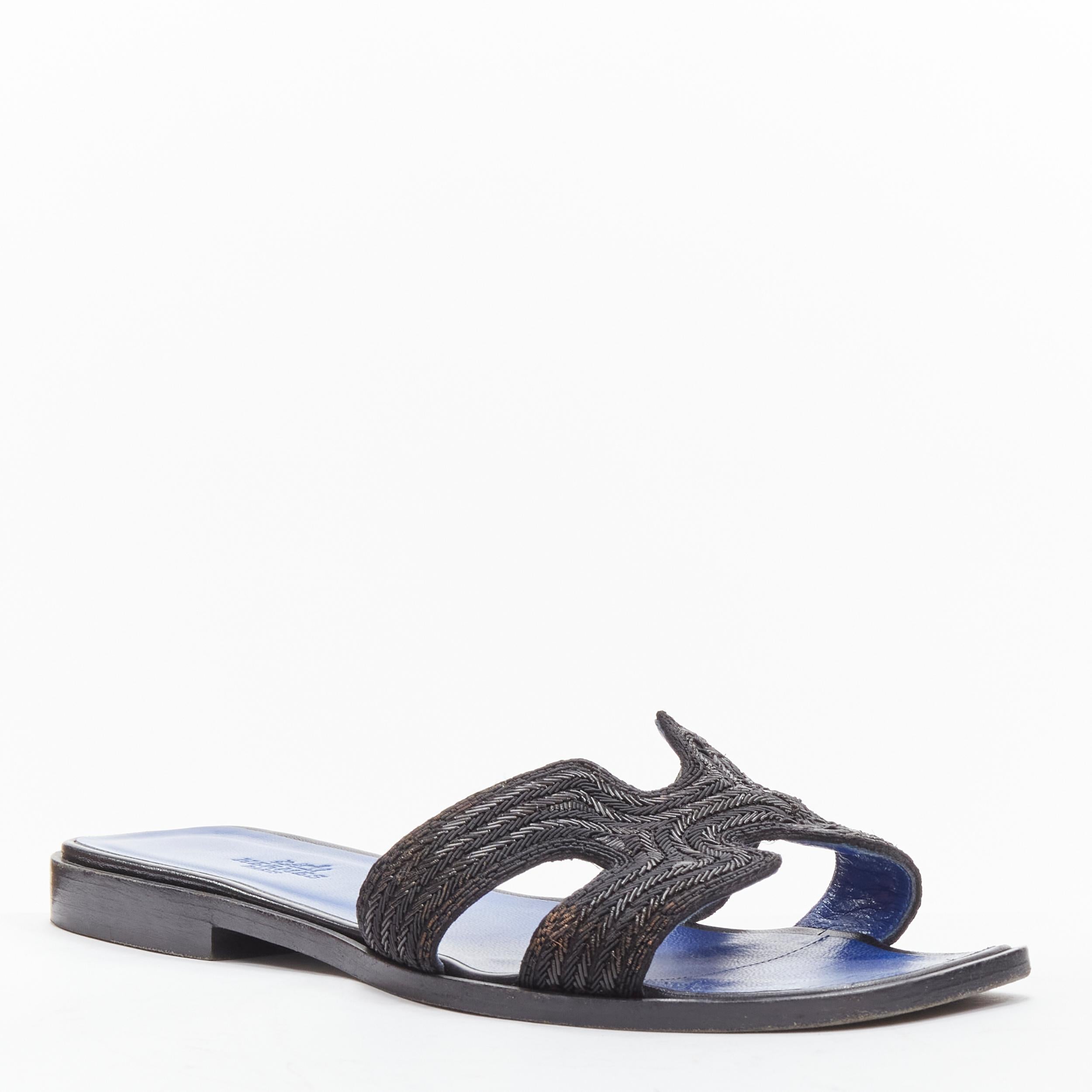 Gray HERMES Oran H logo iconic black beaded blue insole sandals shoes EU 37 For Sale