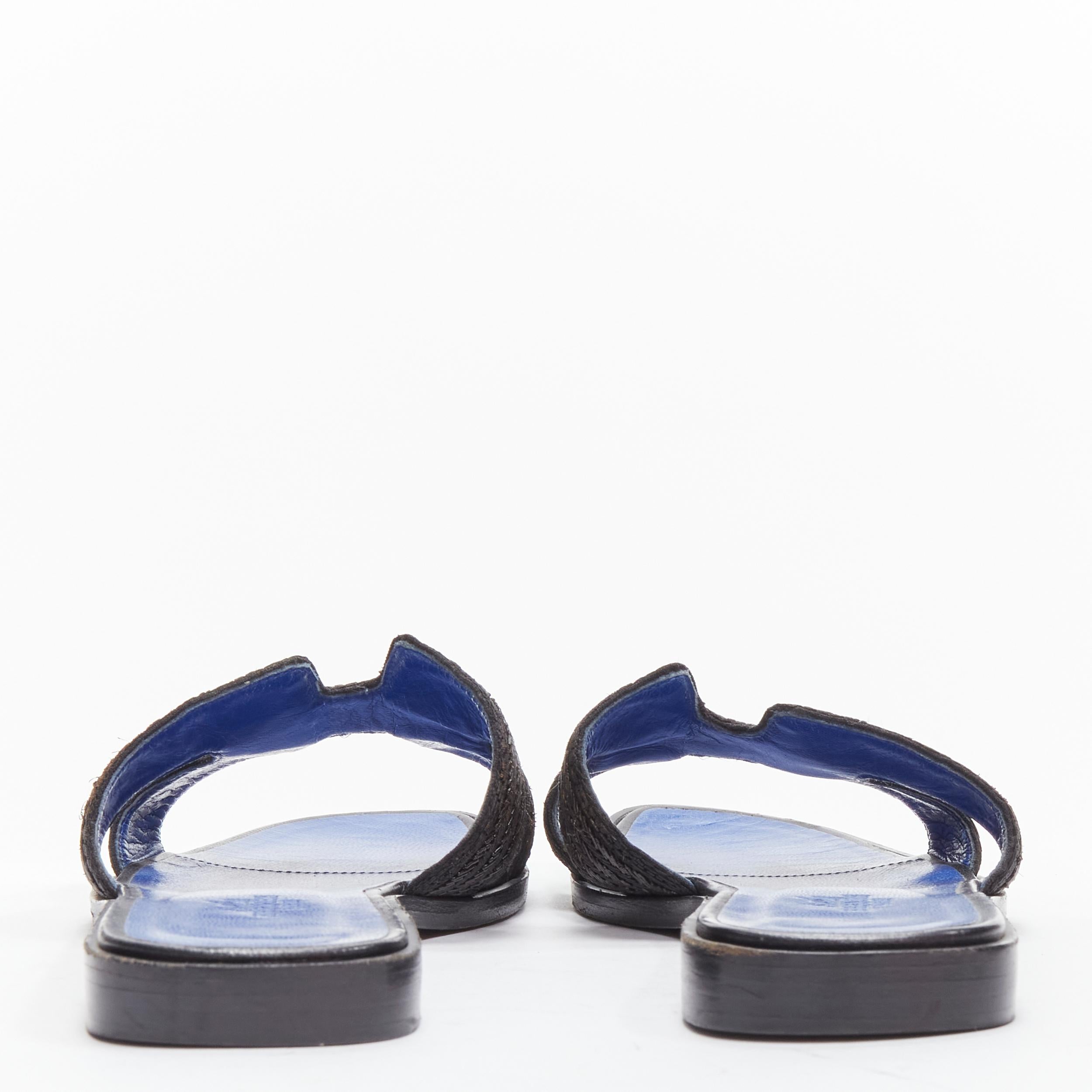 Women's HERMES Oran H logo iconic black beaded blue insole sandals shoes EU 37 For Sale