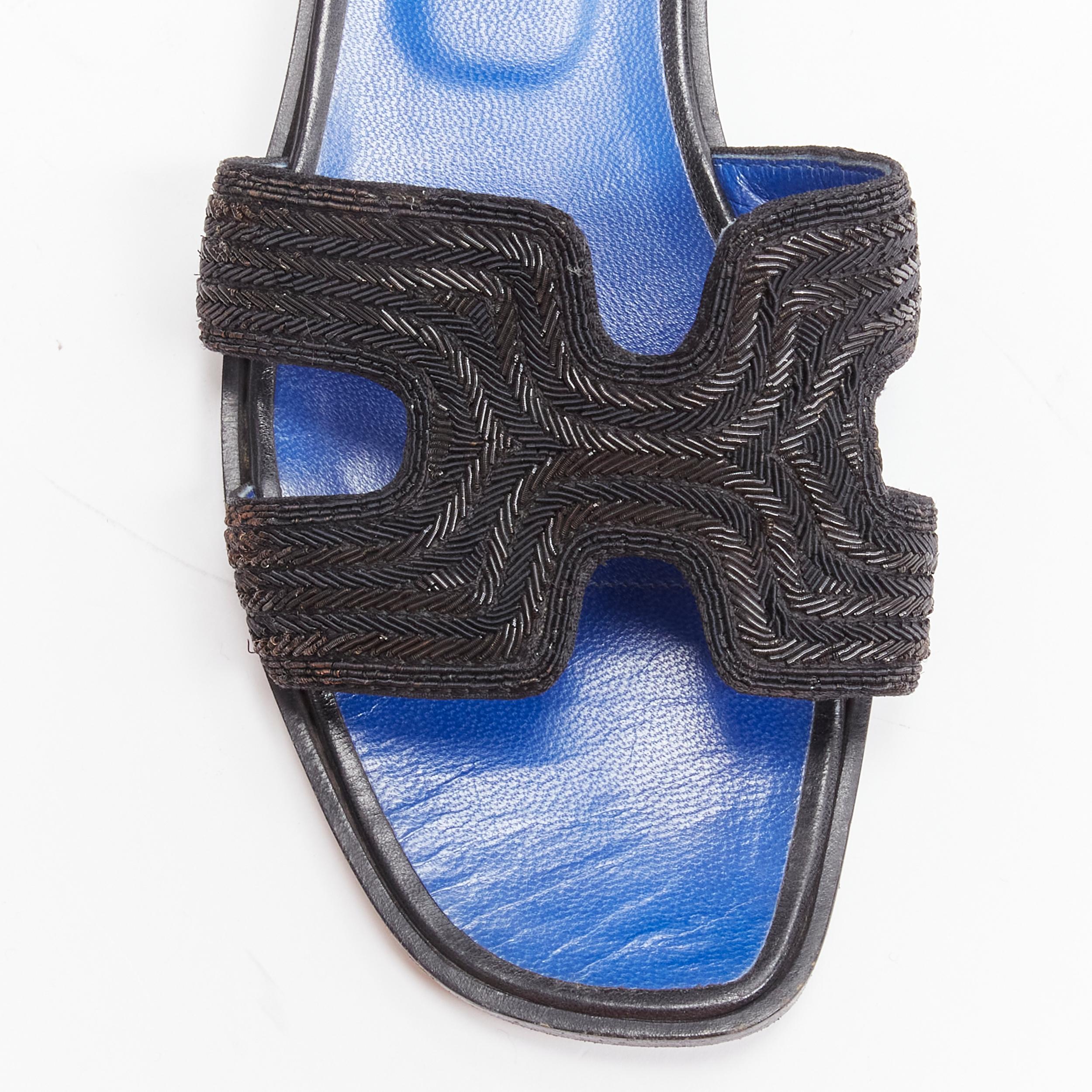 HERMES Oran H logo iconic black beaded blue insole sandals shoes EU 37 For Sale 1