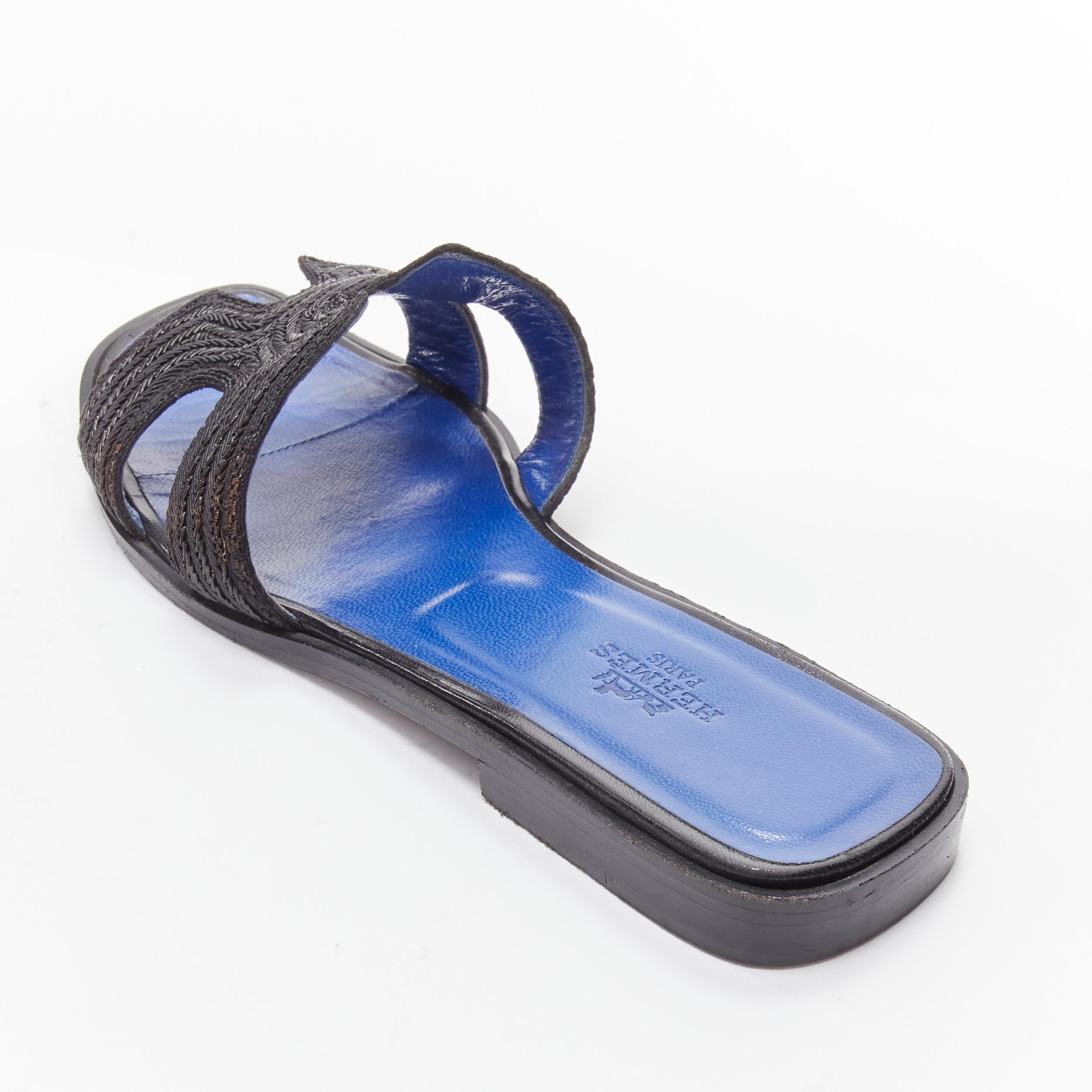 HERMES Oran H logo iconic black beaded blue insole sandals shoes EU 37 For Sale 3