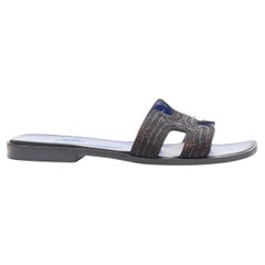 HERMES Oran H logo iconic black beaded blue insole sandals shoes EU 37