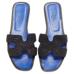 HERMES Oran H logo iconic black beaded blue insole sandals shoes EU 37