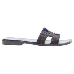 HERMES Oran H logo iconic black beaded blue insole sandals shoes EU 37