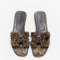HERMES Oran H logo signature brown leopard print leather sandals EU37