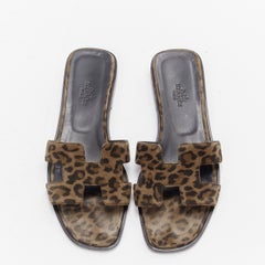 HERMES Oran H logo signature brown leopard print leather sandals EU37