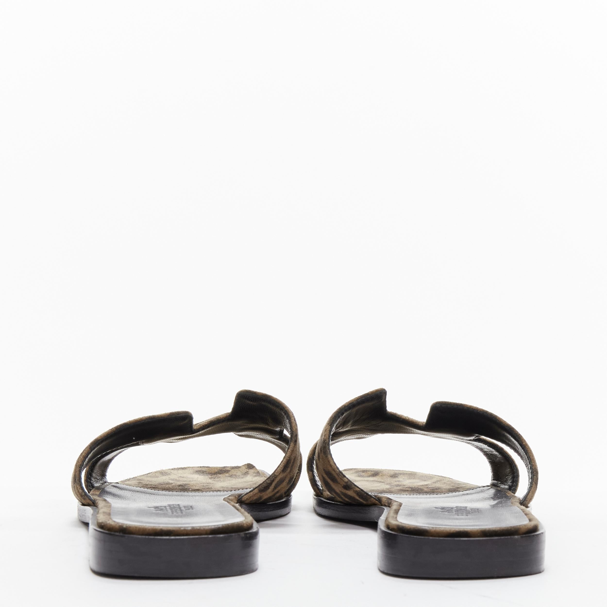 HERMES Oran H logo signature brown leopard print leather sandals EU37 In Good Condition In Hong Kong, NT