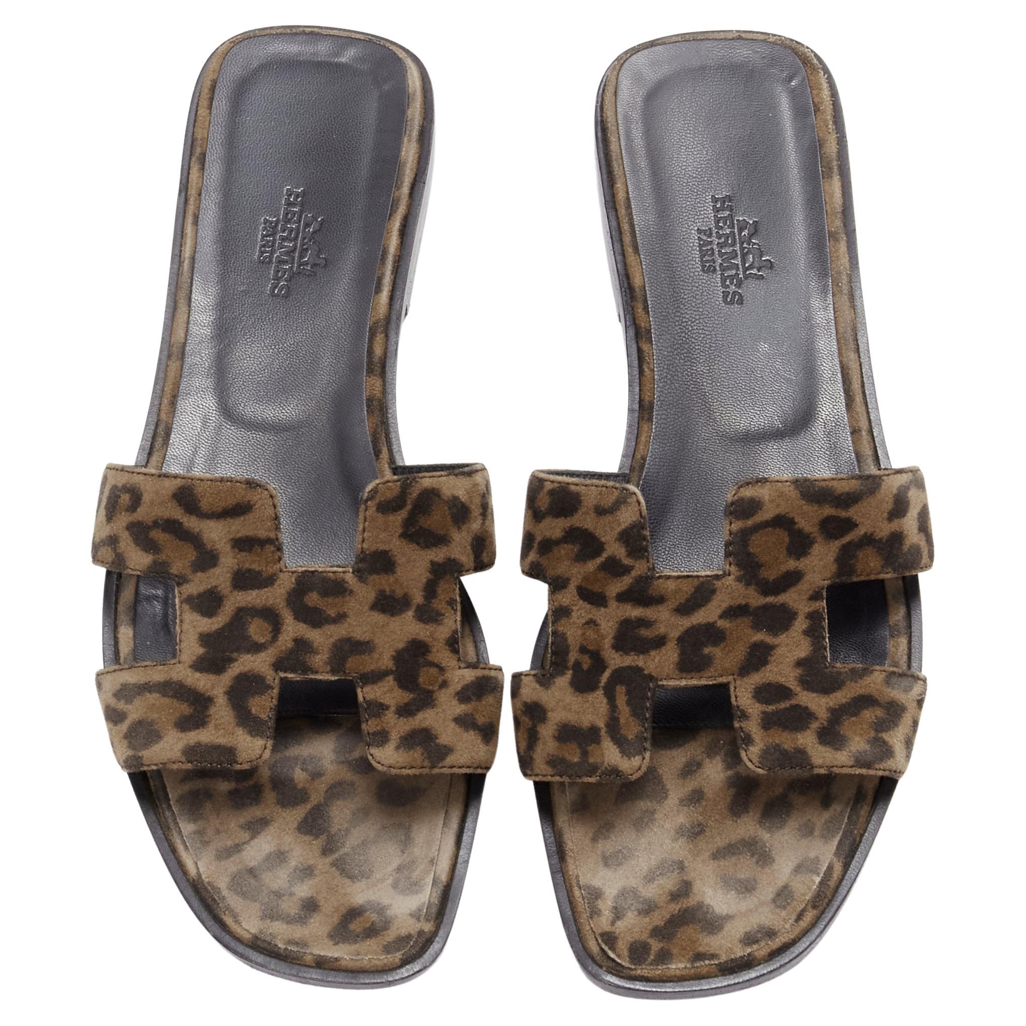HERMES Oran H logo signature brown leopard print leather sandals EU37 For Sale