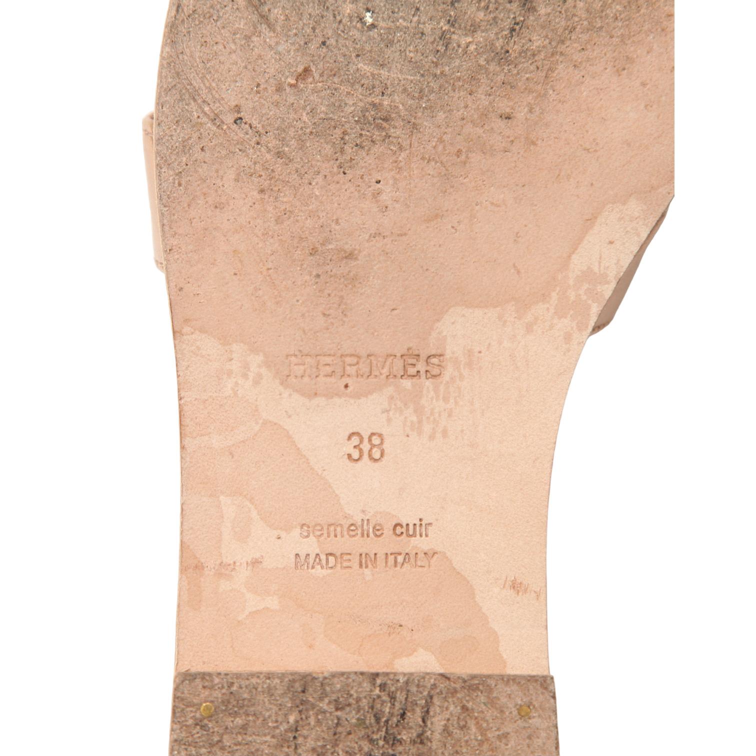 HERMES Oran Leather Sandal Rose Gold Metallic H Flat Slide Sz 38 6