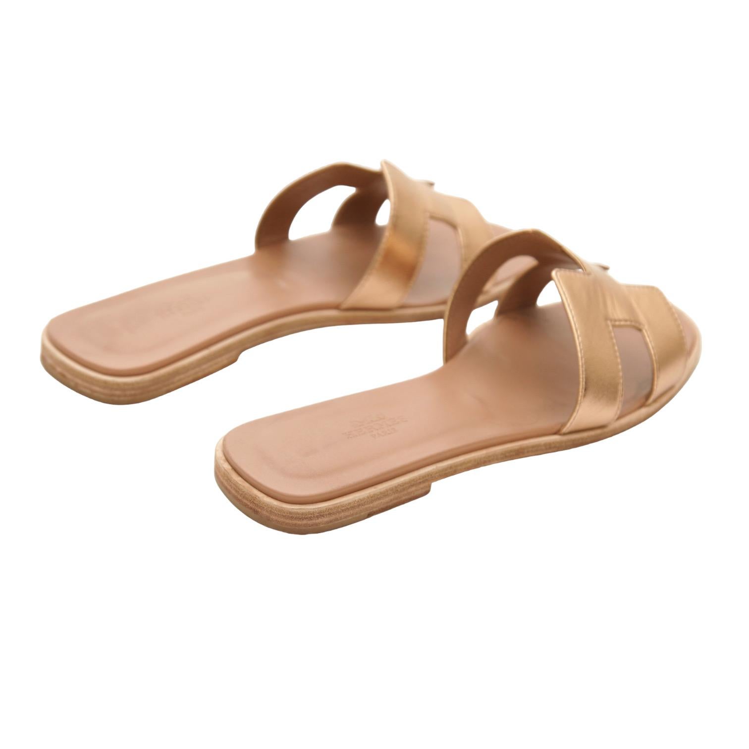 Women's HERMES Oran Leather Sandal Rose Gold Metallic H Flat Slide Sz 38