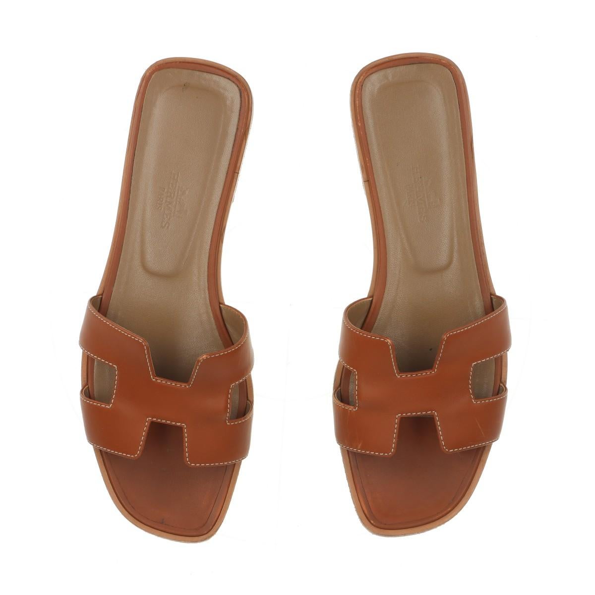 Hermès Oran Leather Sandals Brown 4