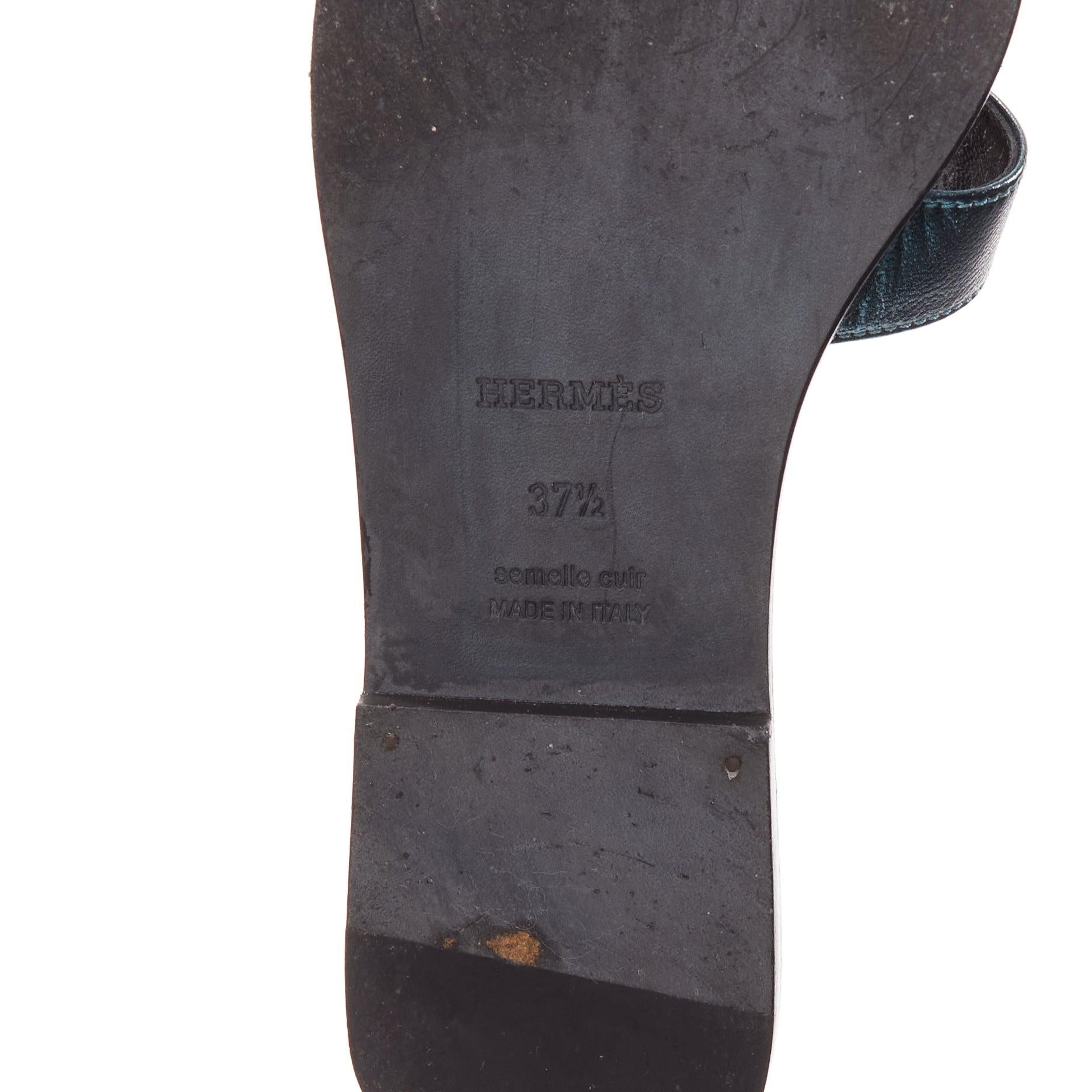 HERMES Oran metallic blue leather H flat mules slipper sandals EU37.5 6