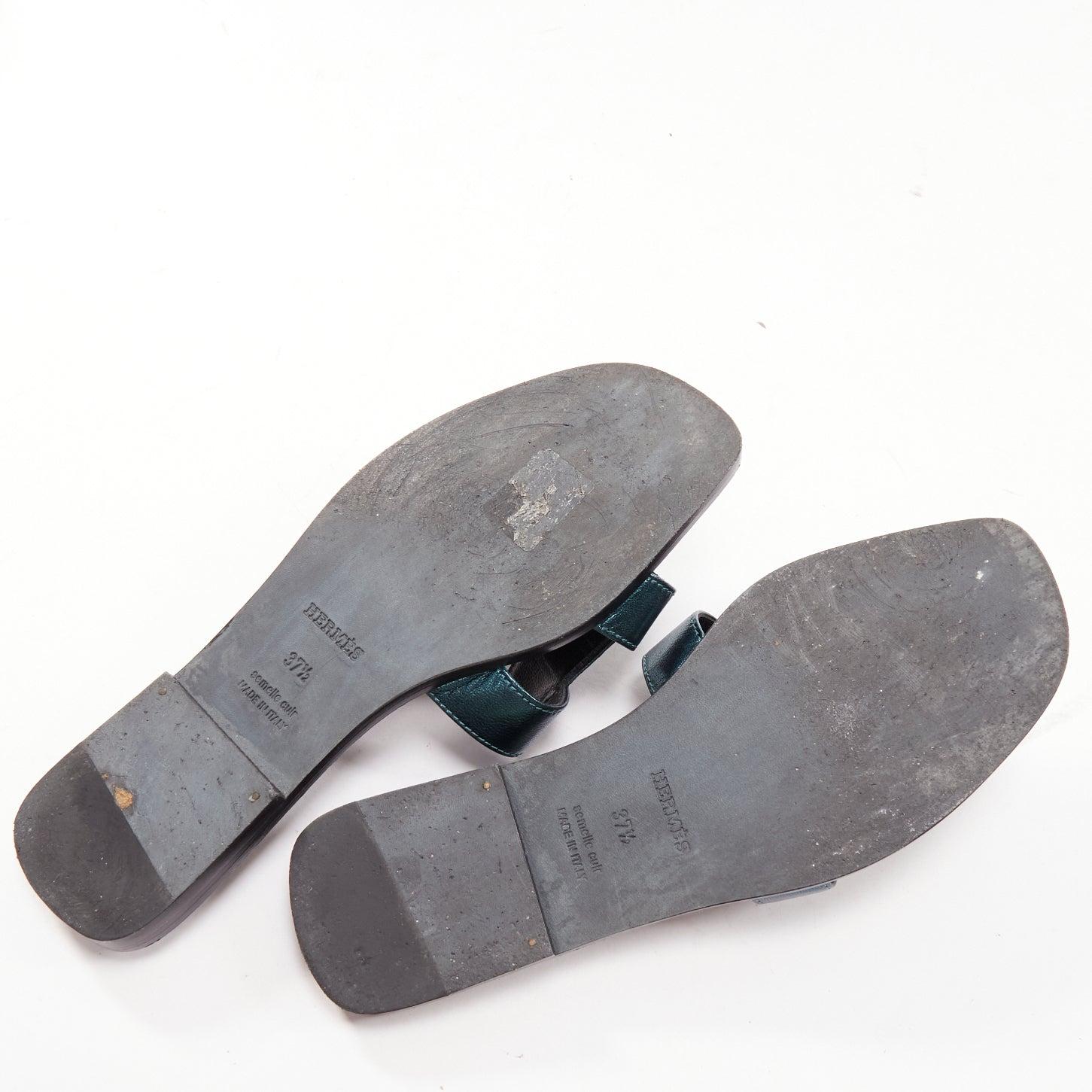 HERMES Oran metallic blue leather H flat mules slipper sandals EU37.5 7