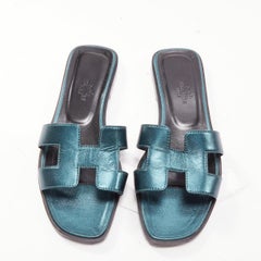 HERMES Oran metallic blue leather H flat mules slipper sandals EU37.5