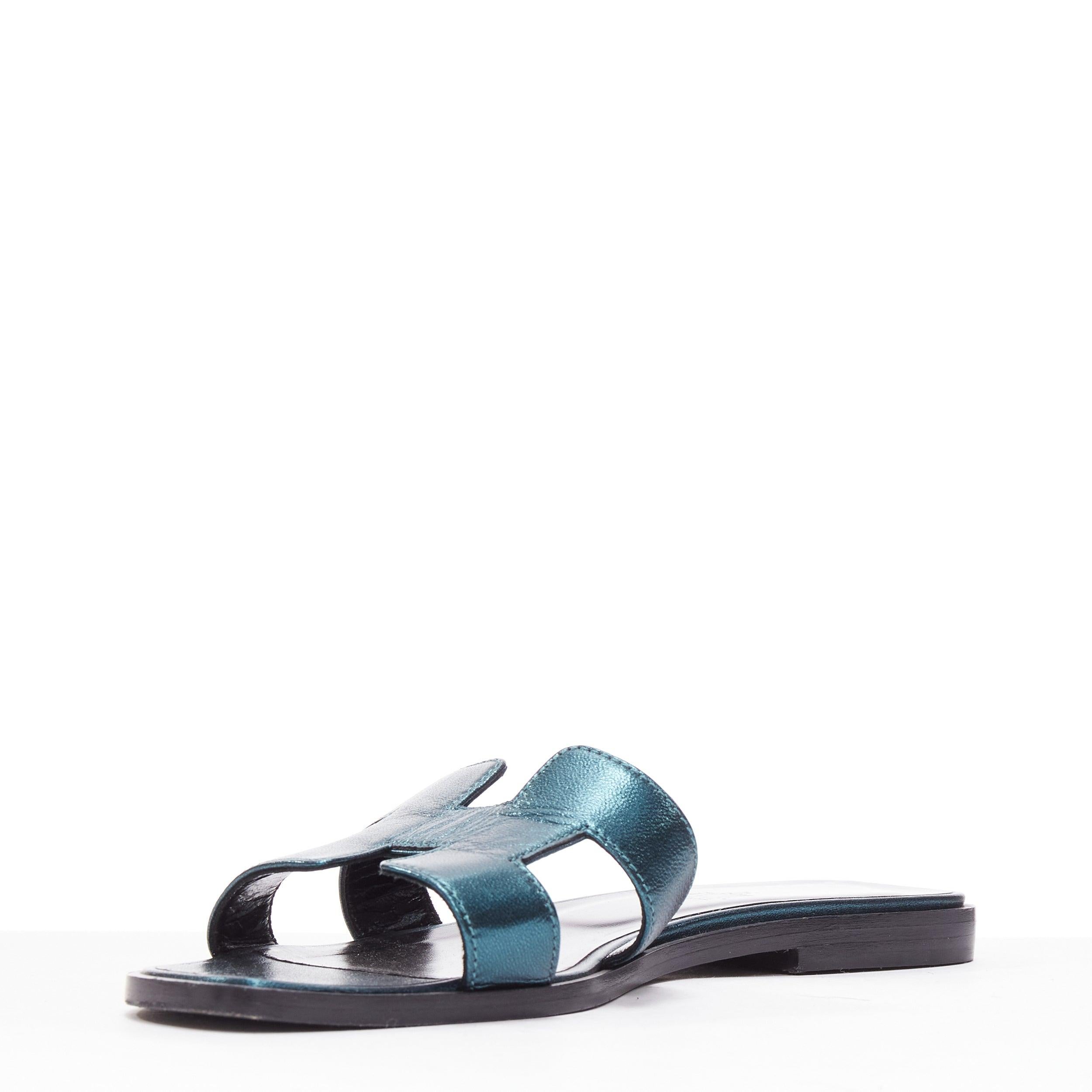 Women's HERMES Oran metallic blue leather H flat mules slipper sandals EU37.5