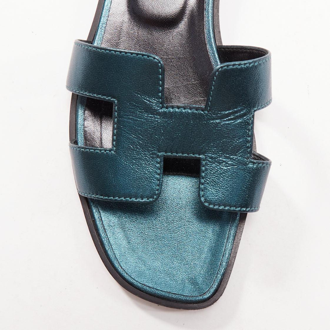 HERMES Oran metallic blue leather H flat mules slipper sandals EU37.5 2