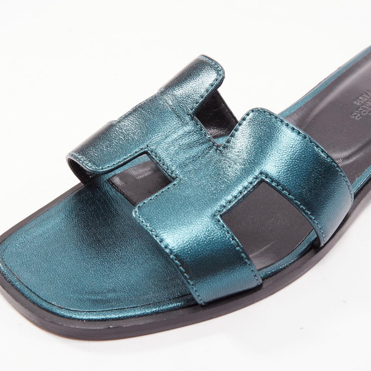 HERMES Oran metallic blue leather H flat mules slipper sandals EU37.5 3