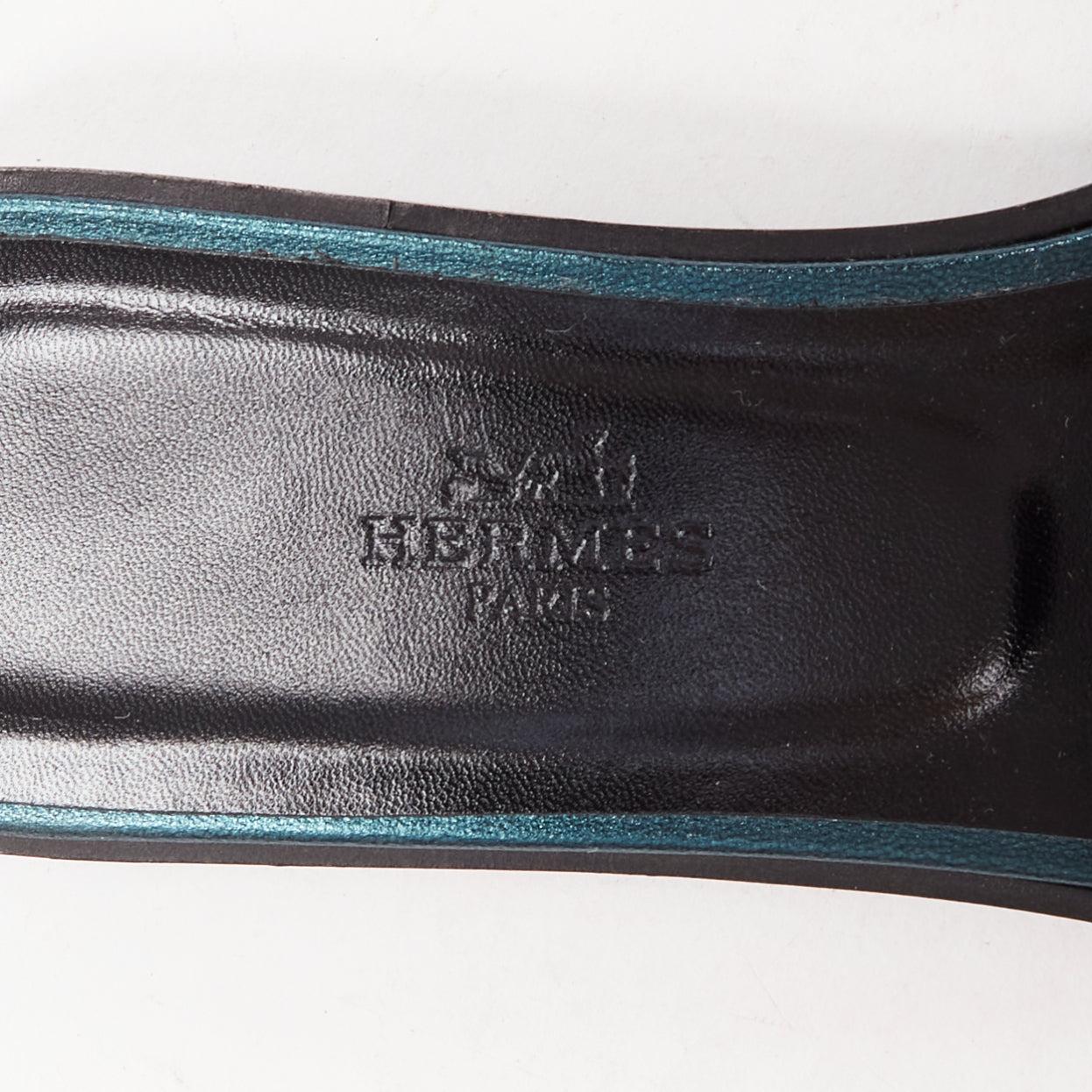 HERMES Oran metallic blue leather H flat mules slipper sandals EU37.5 5