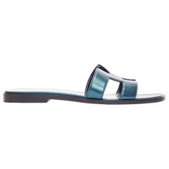 HERMES Oran metallic blue leather H flat mules slipper sandals EU37.5