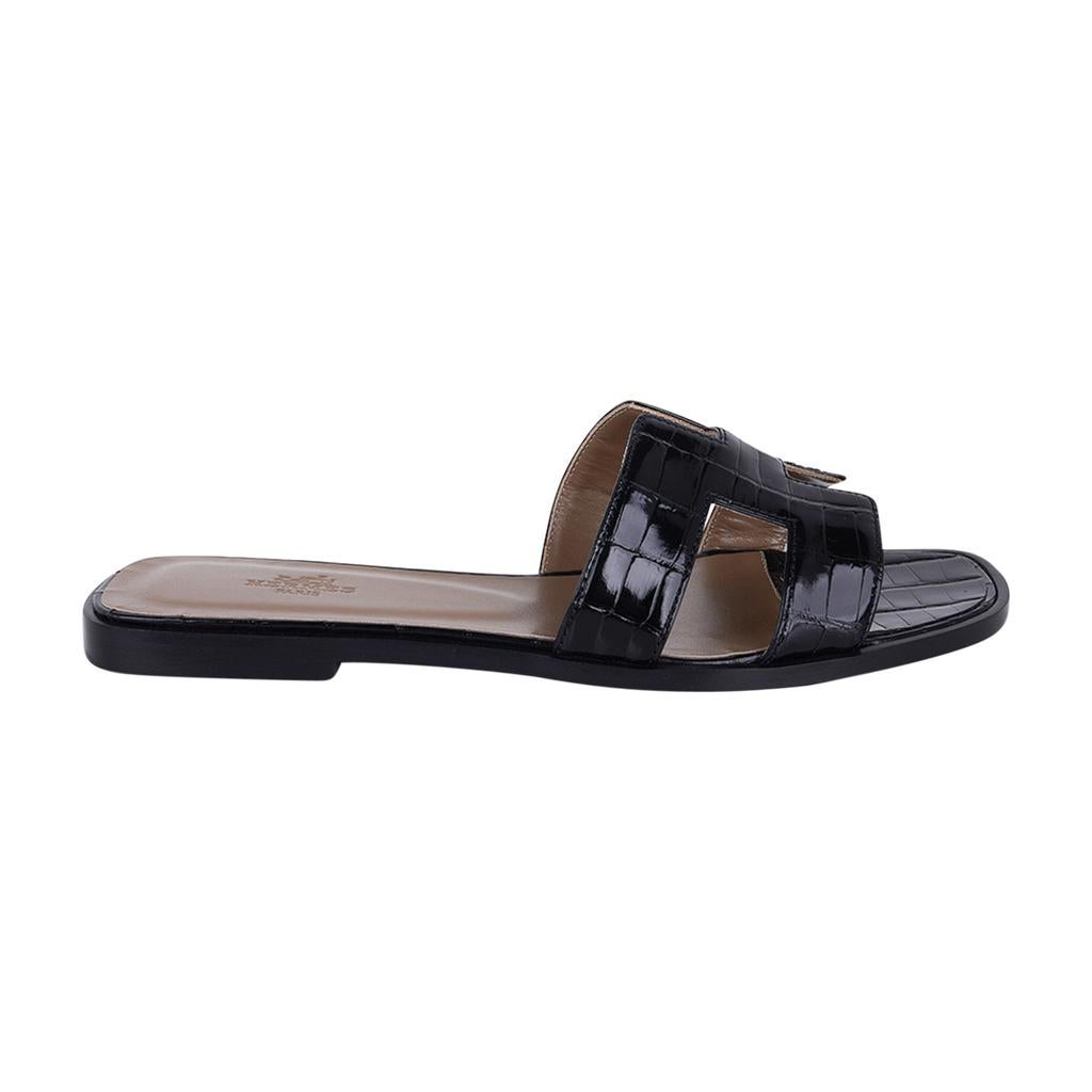 Women's Hermes Oran Sandal Black Alligator Flat Slides 39 / 9 New w/Box For Sale