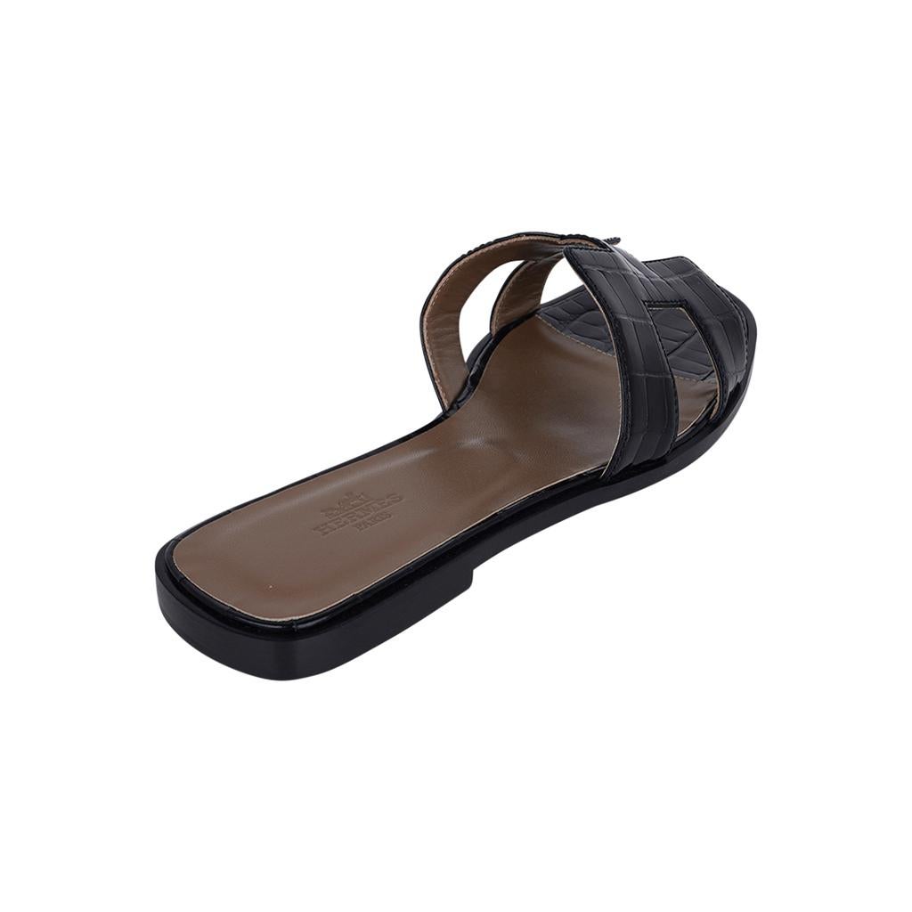 Hermes Oran Sandal Black Alligator Flat Slides 39 / 9 New w/Box For Sale 1