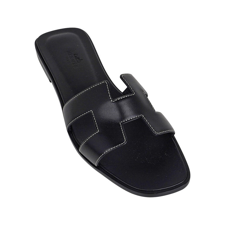 Hermes Oran Sandal Black Calfskin White Top Stitch Flat  display picture 1