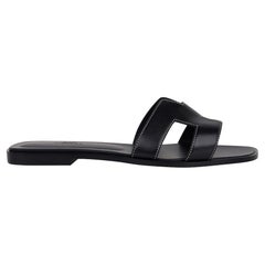 Hermes Oran Sandal Black Calfskin White Top Stitch Flat Shoes 37 / 7