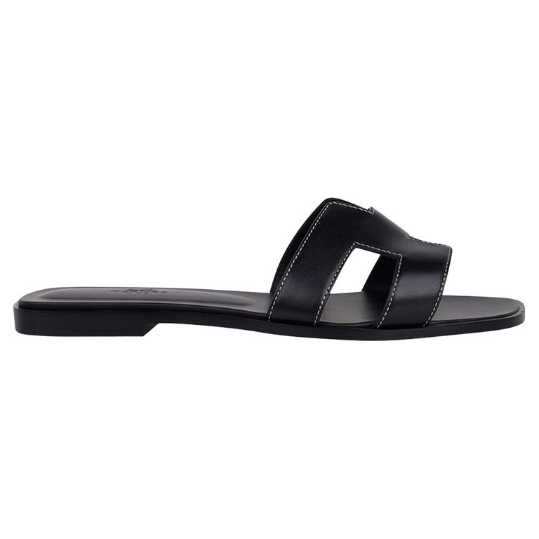 Hermes Oran Sandal Black Calfskin White Top Stitch Flat Shoes 37 / 7 ...