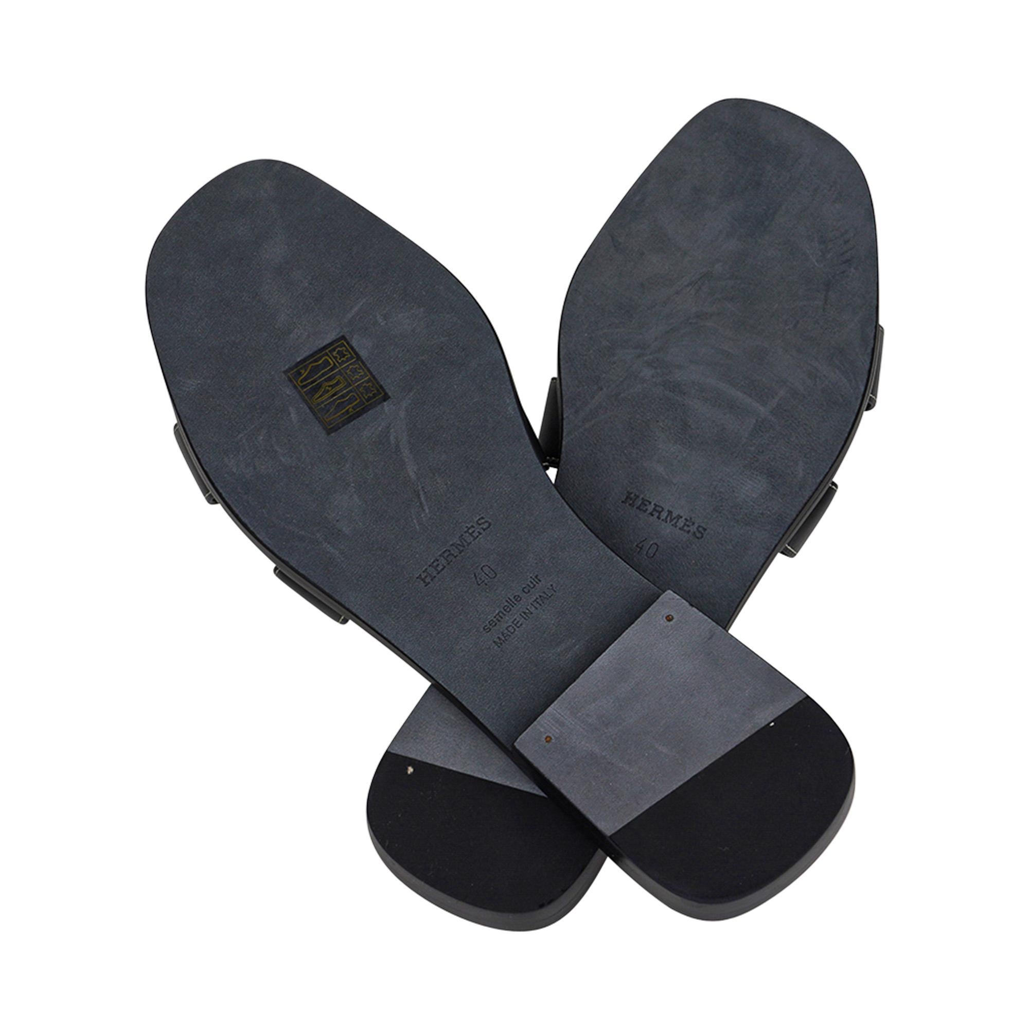 Hermes Oran Sandal Black Calfskin White Top Stitch Flat Shoes 40 / 10 New w/Box 1