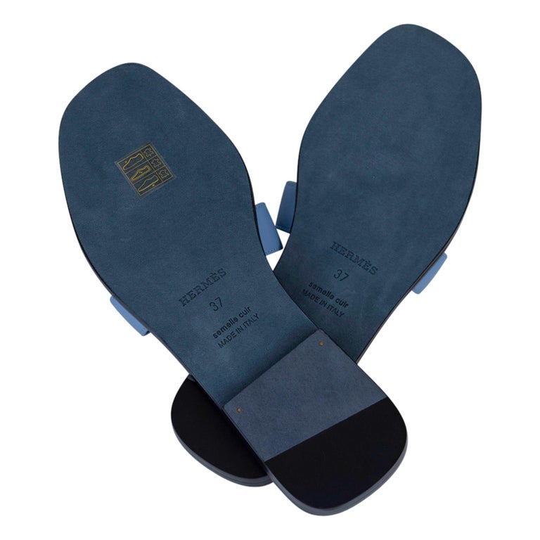 Hermes Oran Sandal Blue Bleuet Leather Size 37 / 7 New w/Box For