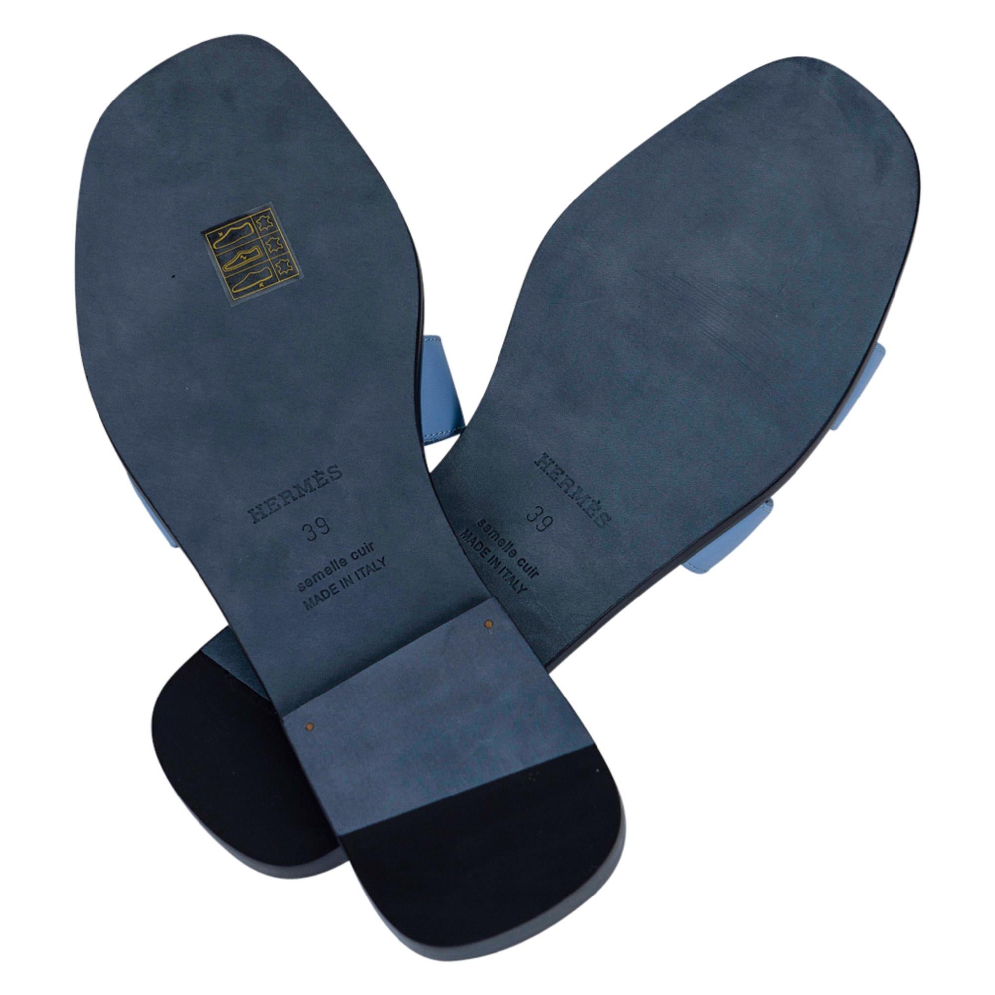 Women's Hermes Oran Sandal Blue Bleuet Leather Size 39 / 9 New w/Box 