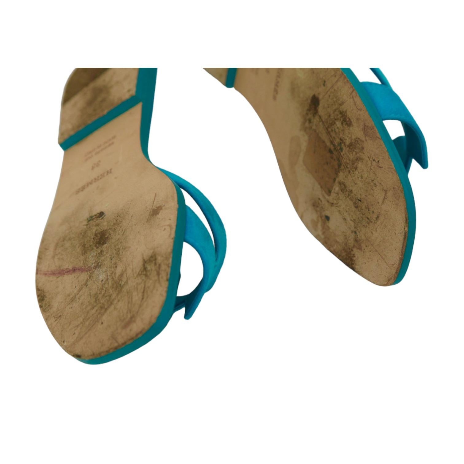 HERMES Oran Sandal Slide Mule Blue Suede Leather Flats H Strap Sz 38 en vente 4