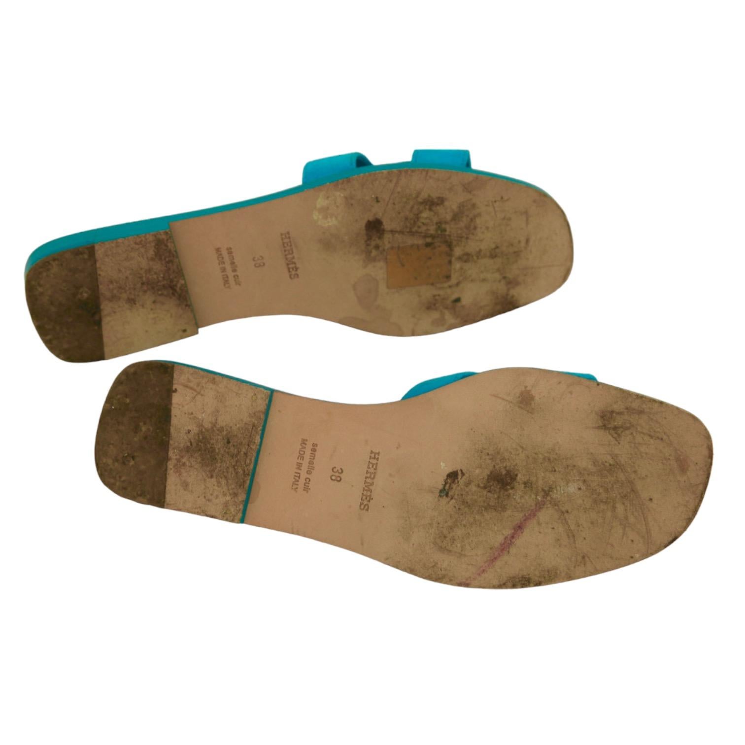 HERMES Oran Sandal Slide Mule Blue Suede Leather Flats H Strap Sz 38 en vente 5