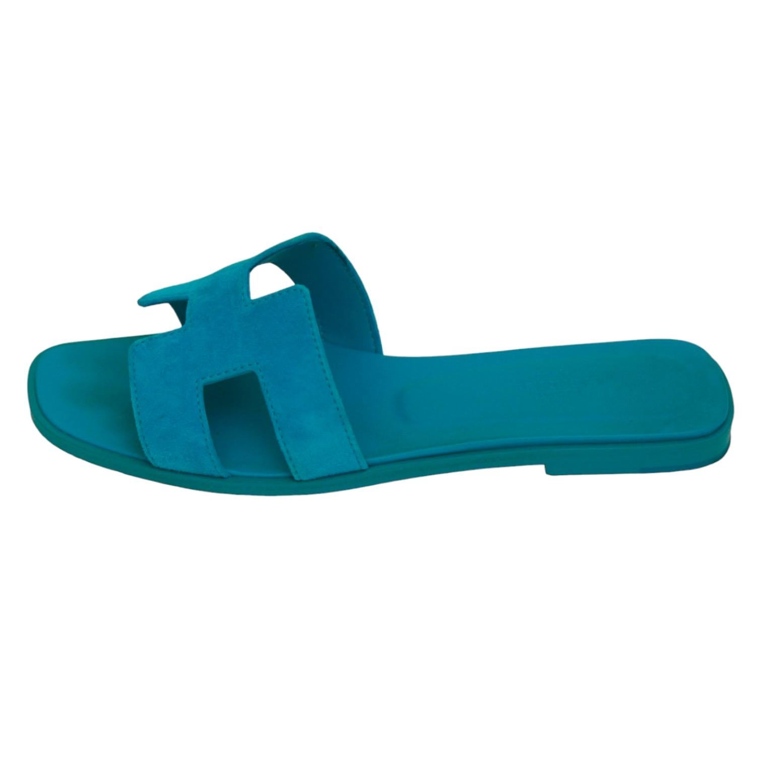 Women's HERMES Oran Sandal Slide Mule Blue Suede Leather Flats H Strap Sz 38 For Sale