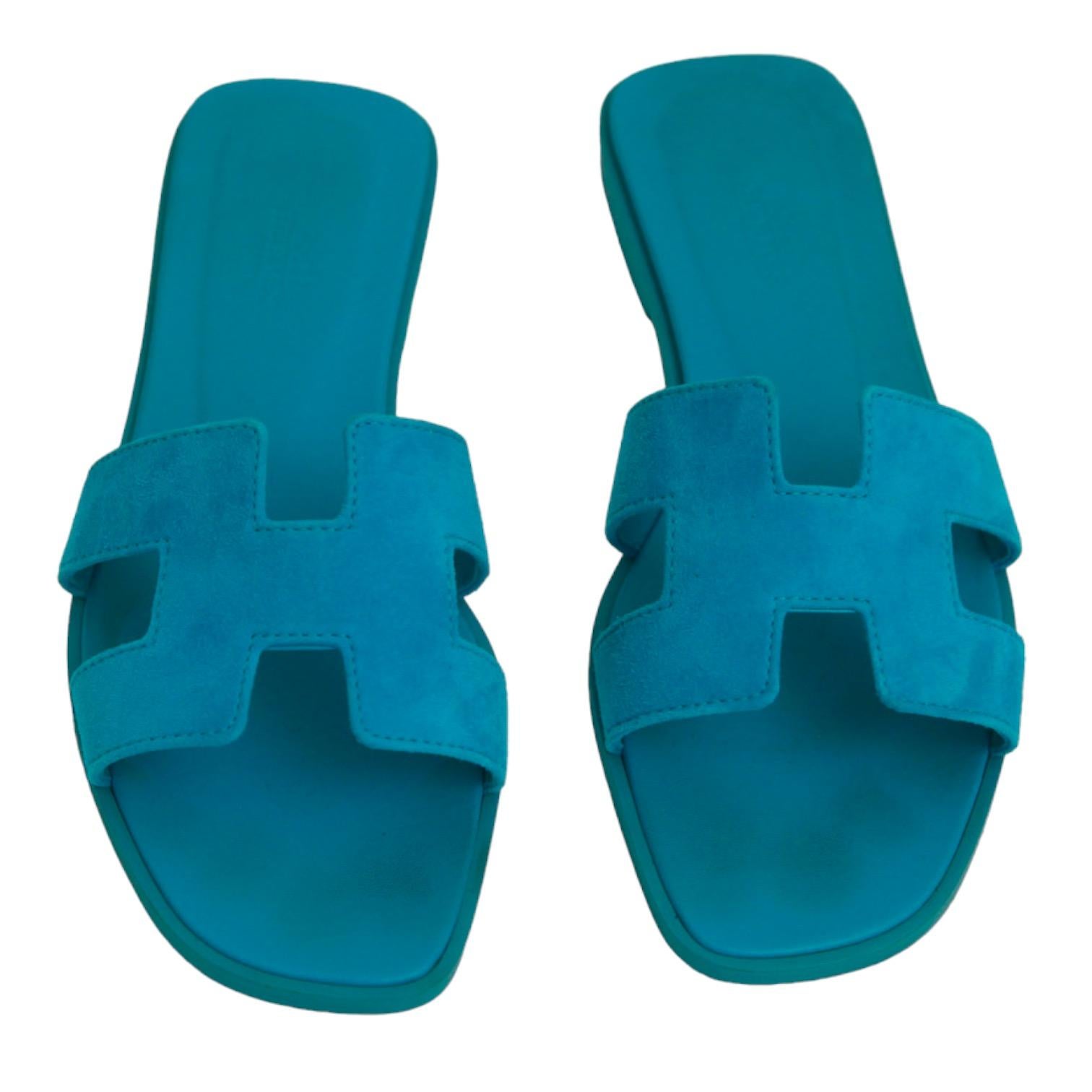 HERMES Oran Sandal Slide Mule Blue Suede Leather Flats H Strap Sz 38 For Sale 1
