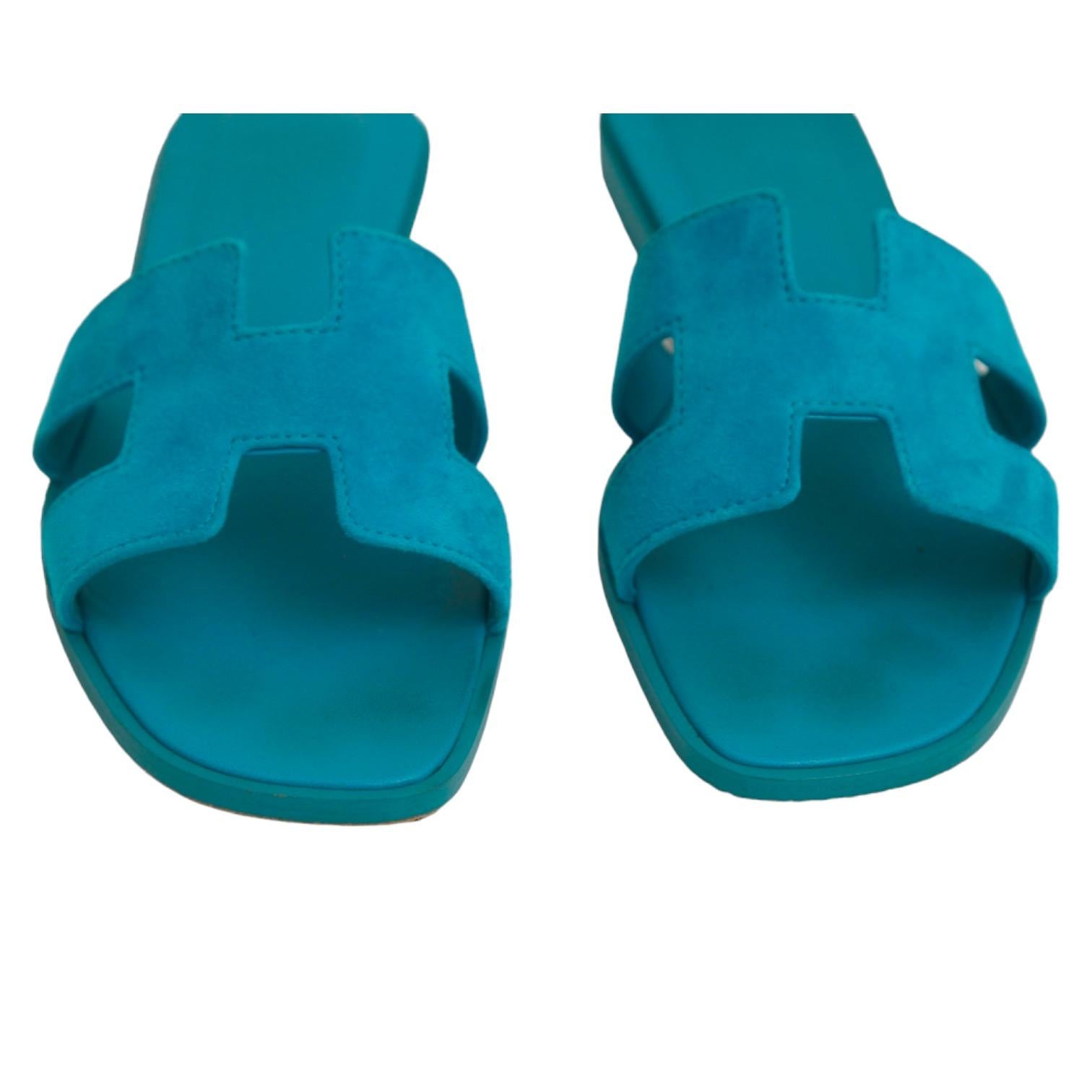 HERMES Oran Sandal Slide Mule Blue Suede Leather Flats H Strap Sz 38 For Sale 2