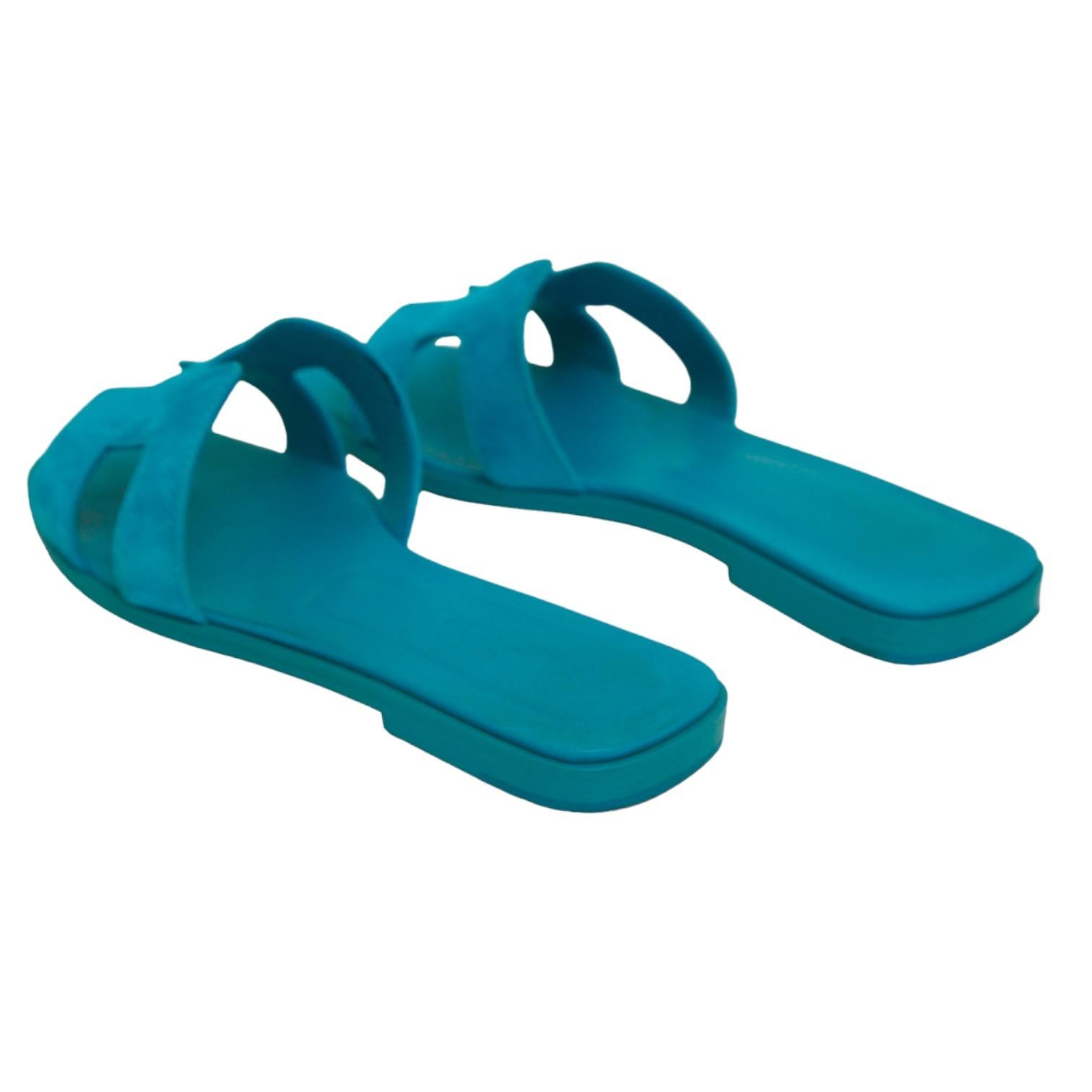 HERMES Oran Sandal Slide Mule Blue Suede Leather Flats H Strap Sz 38 3