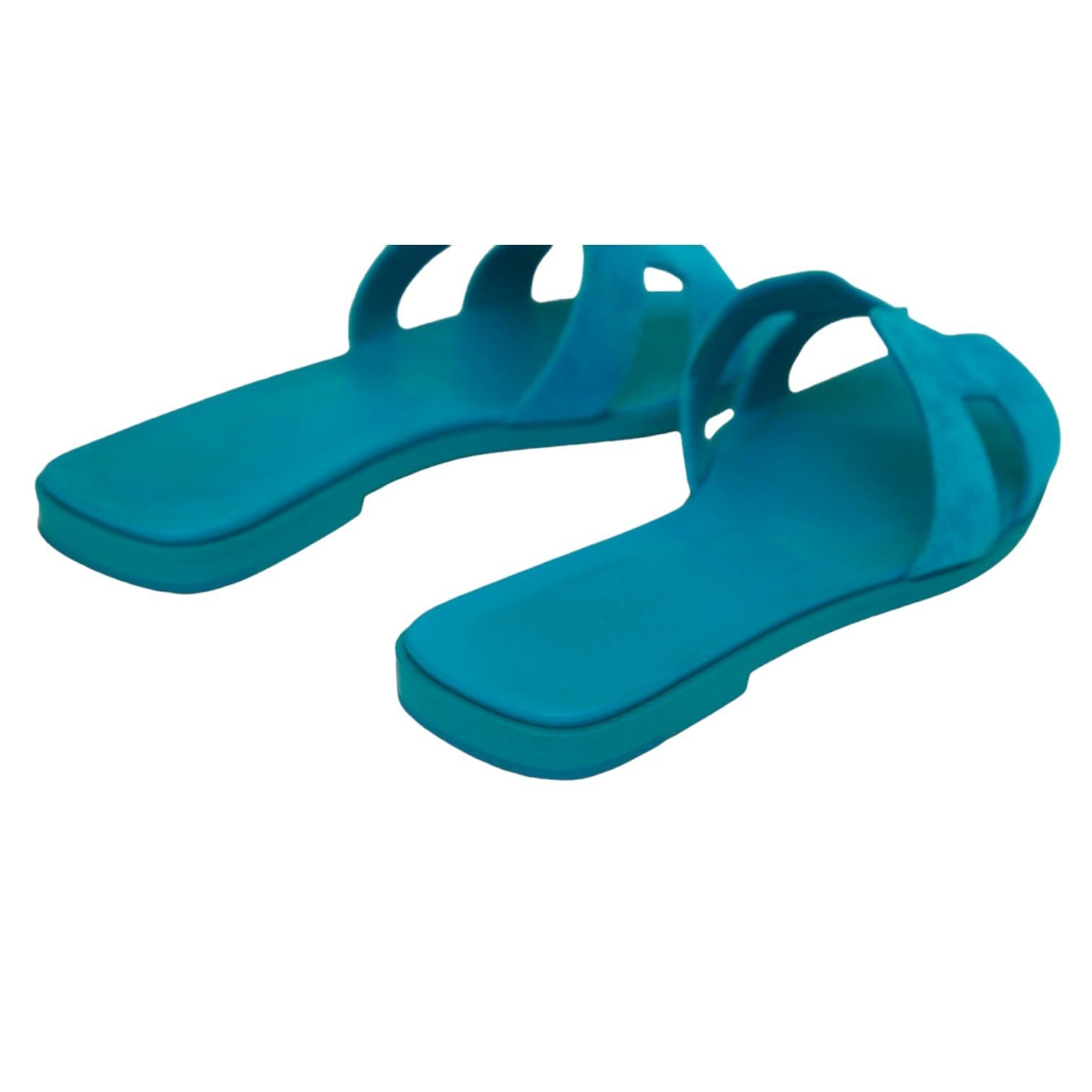 HERMES Oran Sandal Slide Mule Blue Suede Leather Flats H Strap Sz 38 Pour femmes en vente