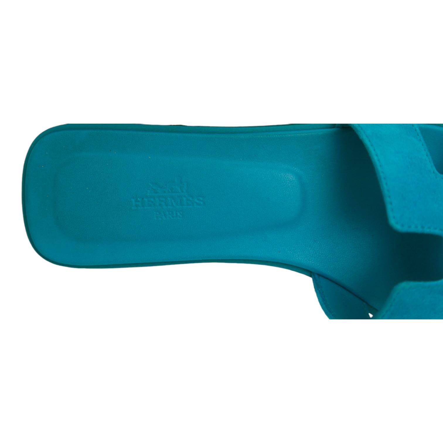 HERMES Oran Sandal Slide Mule Blue Suede Leather Flats H Strap Sz 38 en vente 1