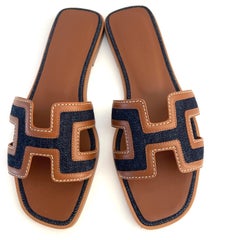 HERMES Oran Sandals 37.5 Bleu Brut Gold Denim New