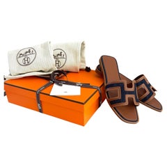 HERMES Sandali Oran 37,5 Bleu Brut Oro Denim Nuovo
