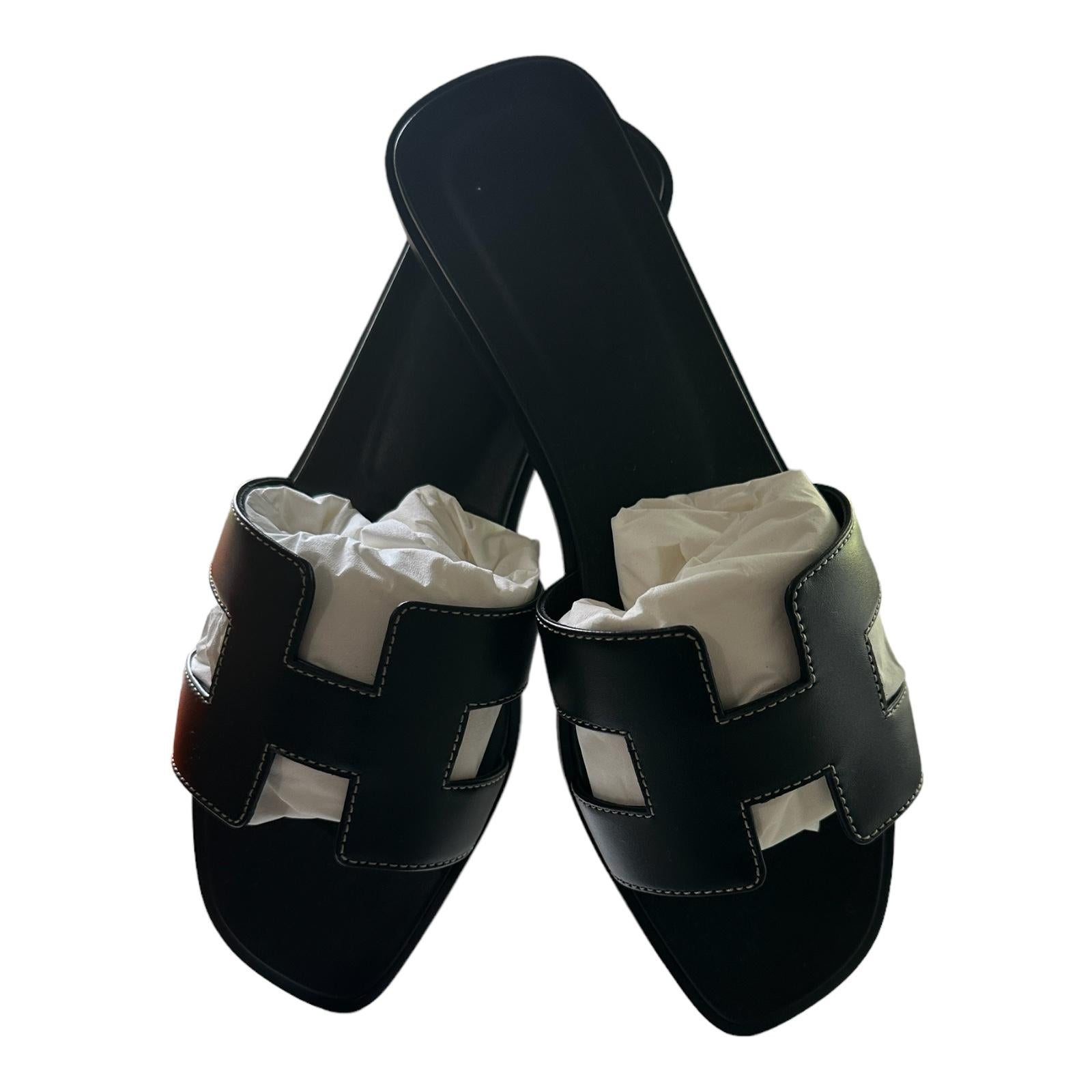 HERMES Oran Sandals 38.5 Veau Lisse Black New 1