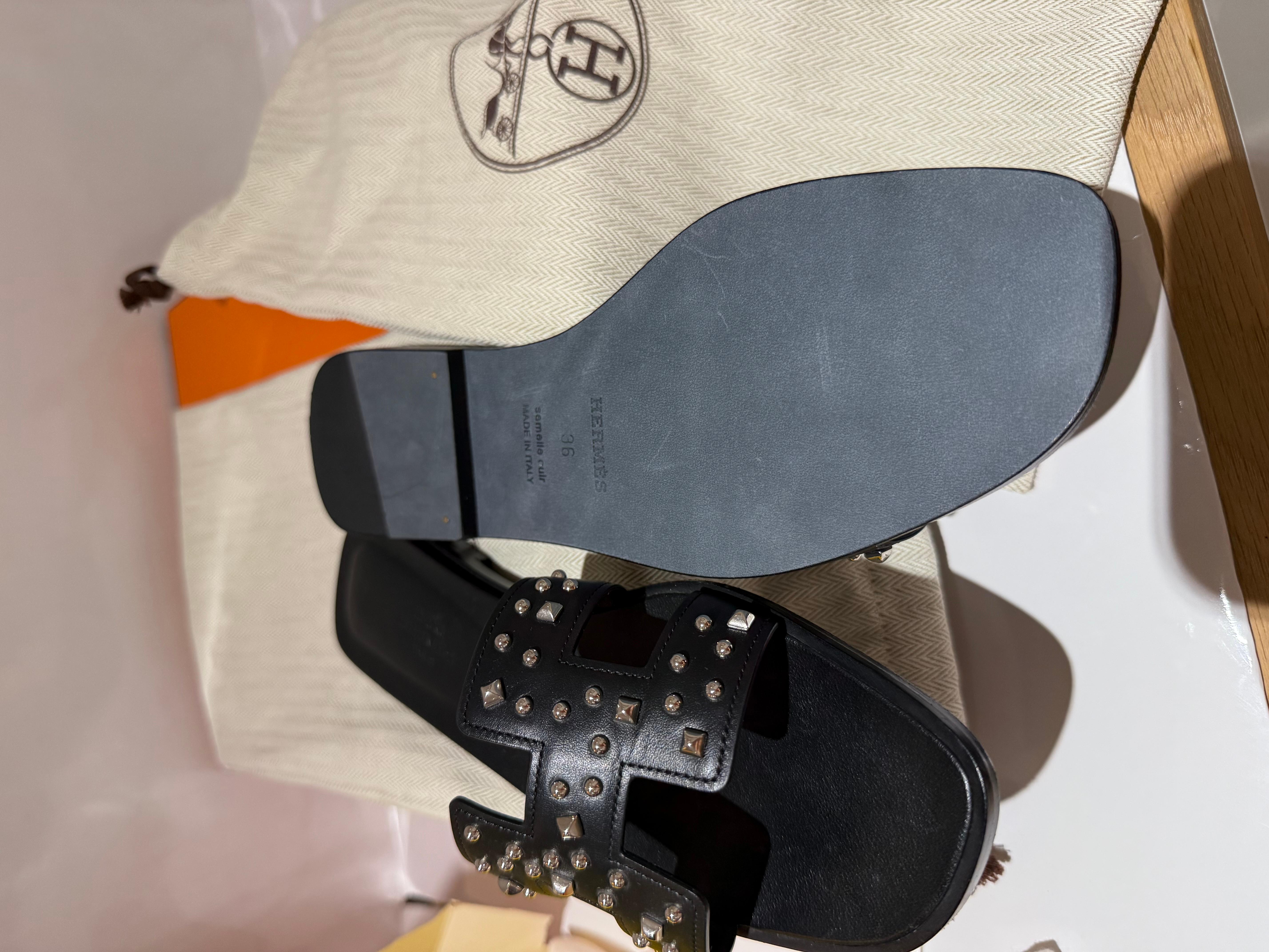 Black Hermes oran sandals black with studs For Sale