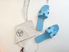 Hermes Oran Sandals Blue Epsom Leather Flat Slides H Cut Out EU 40 US 10