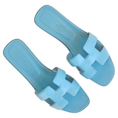 Hermes Oran Sandals Blue Epsom Leather Flat Slides H Cut Out EU 40 US 10