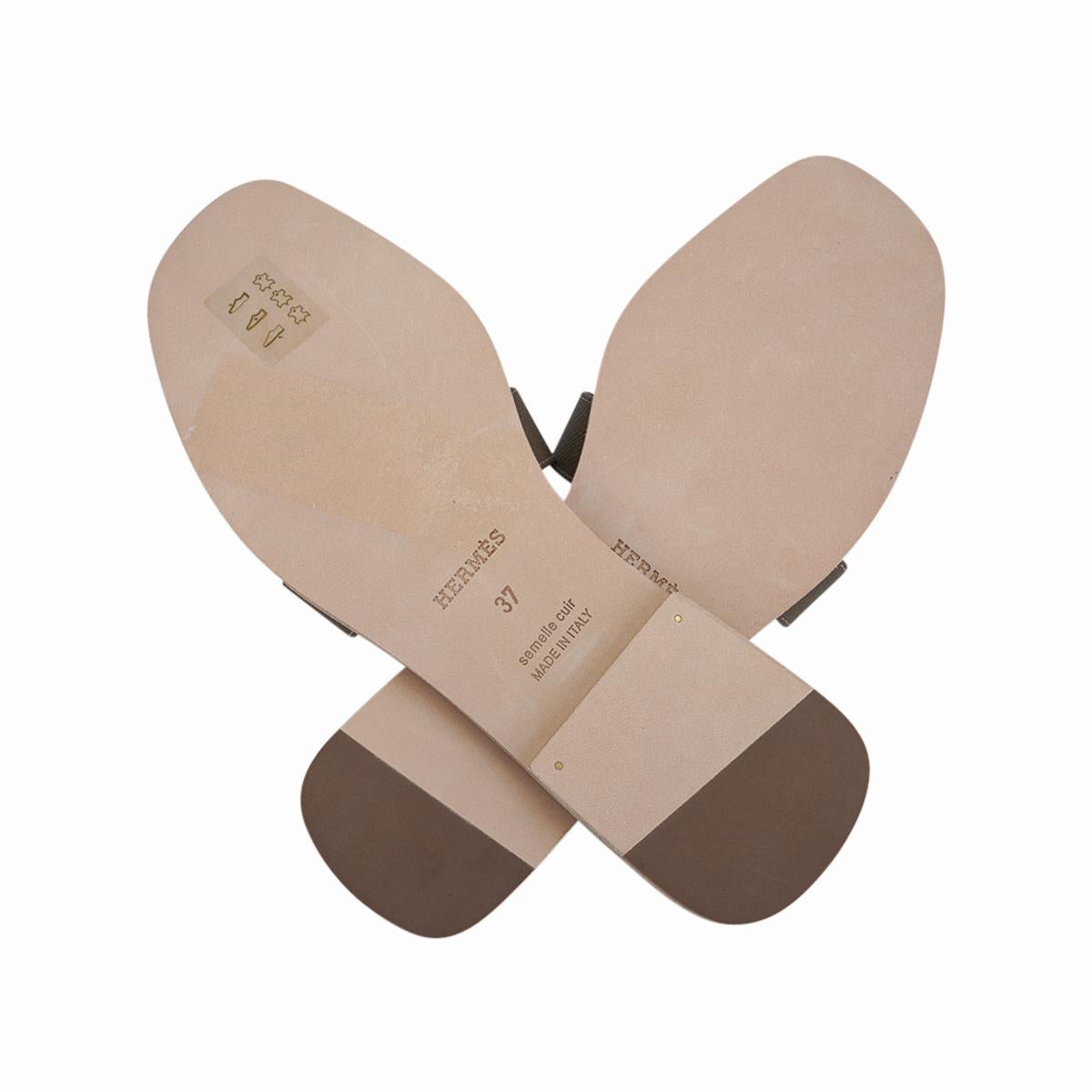 Hermes Oran Sandals Etoupe Epsom Leather Flat Shoes 37 / 7 3