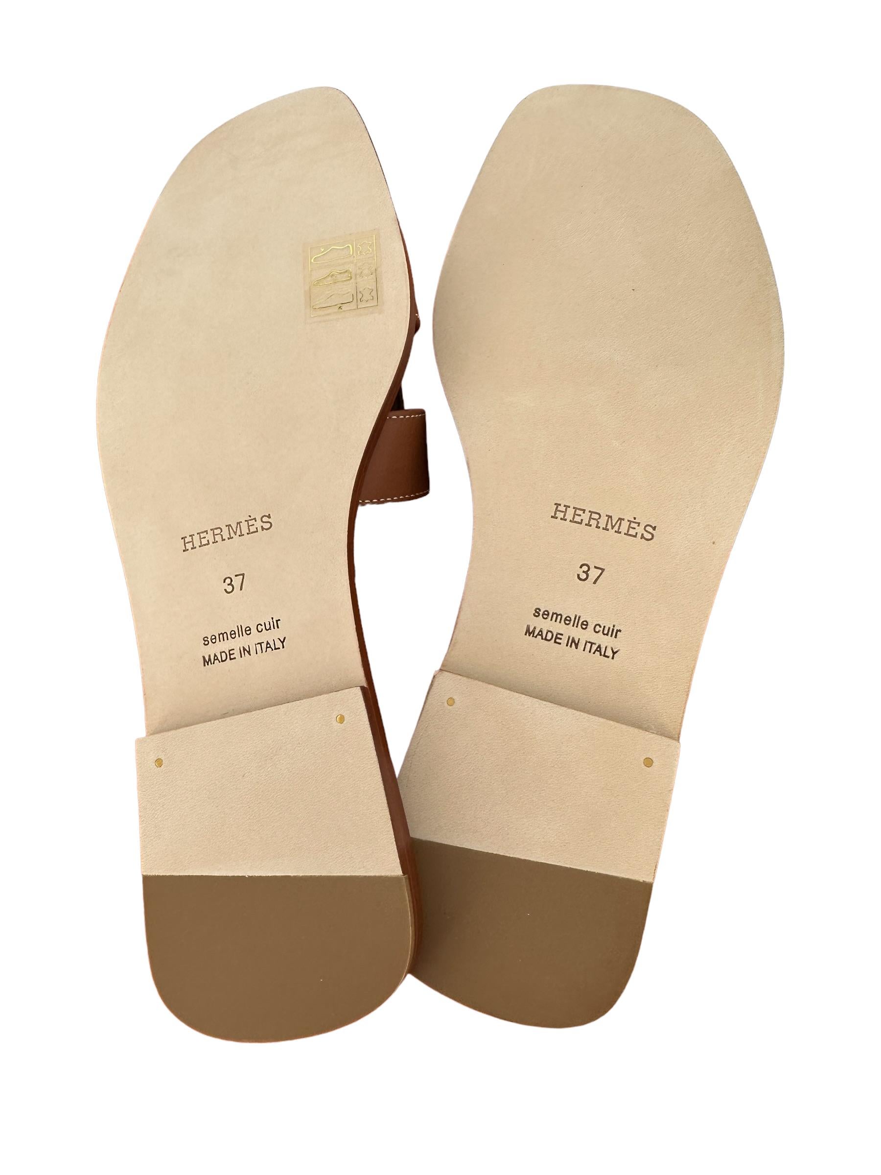 Women's or Men's HERMES Oran Sandals Gold Box Veau Lisse Leather 37
