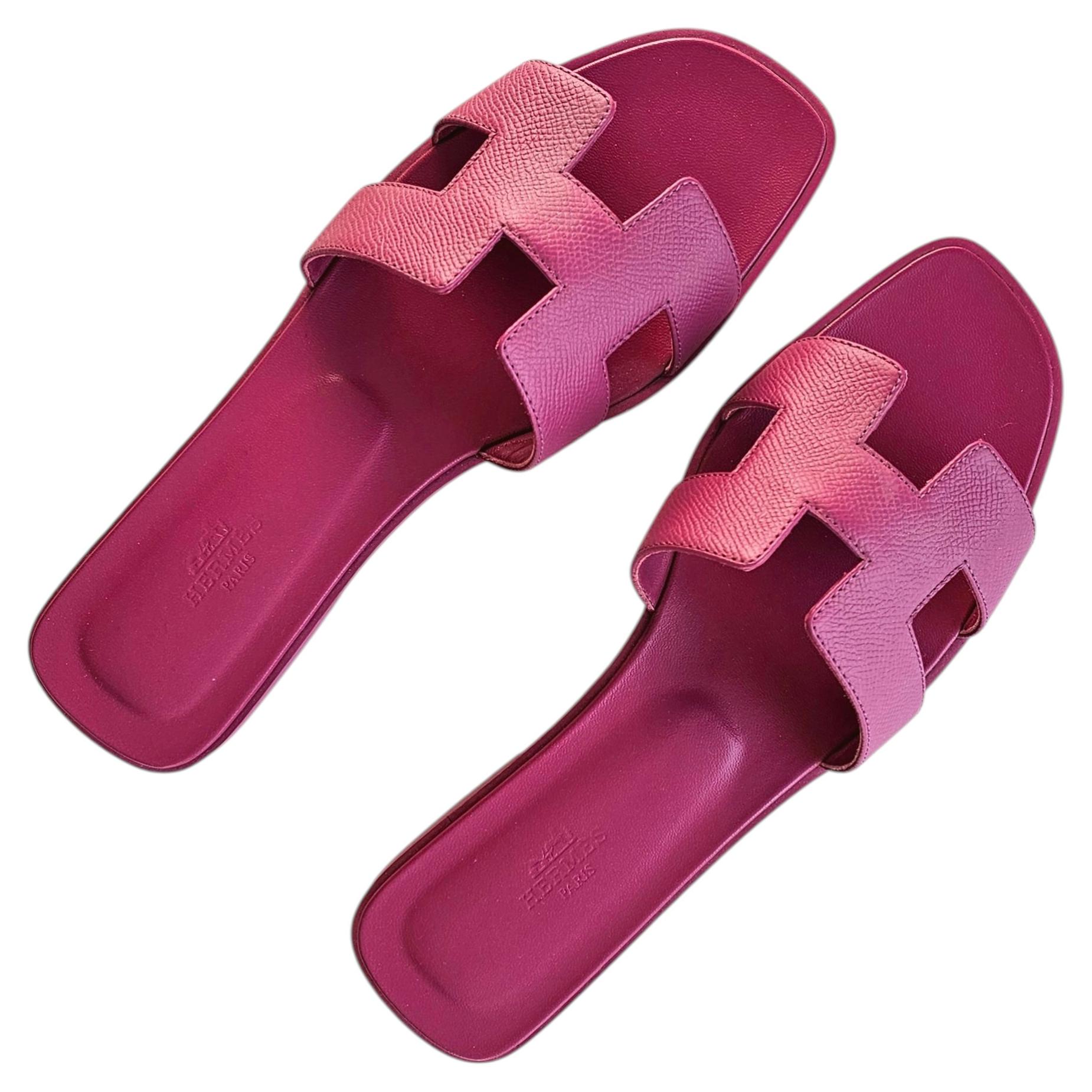 Hermes Oran Sandals Pink Fuchsia Canvas Leather Slides EU 40.5 US 10.5 Box New