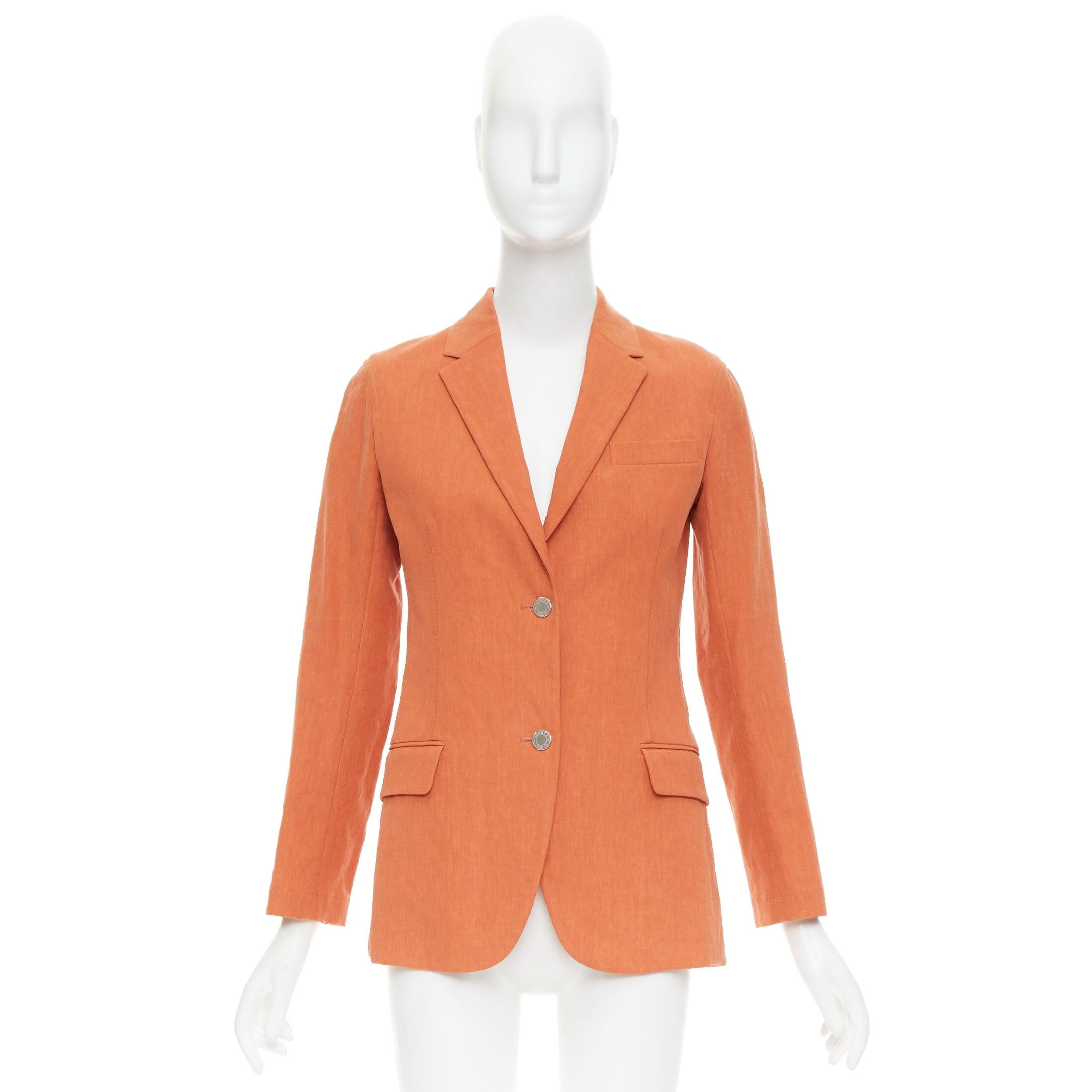 HERMES orange 100% linen logo buttons dual button blazer jacket FR34 XS For Sale 5