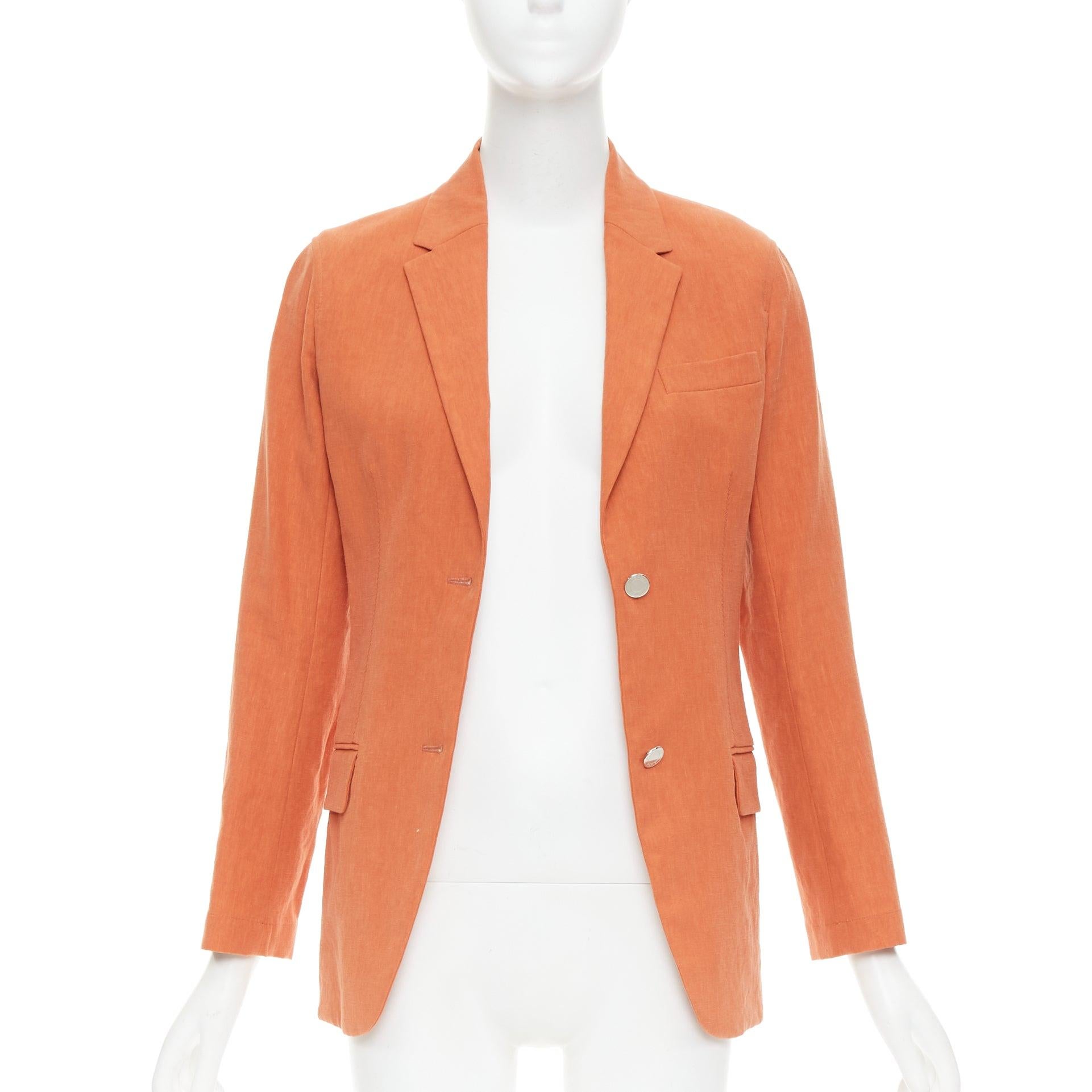 Orange HERMES orange 100% linen logo buttons dual button blazer jacket FR34 XS For Sale